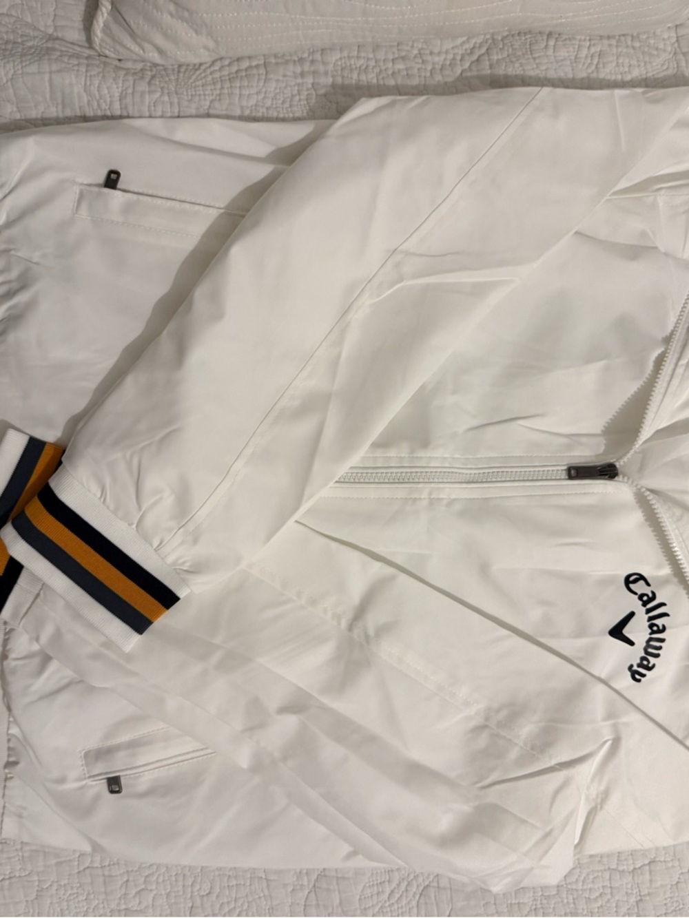 Callaway White Men’s Golf Bomber Jacket with Navy & Gold Stripe Cuffs